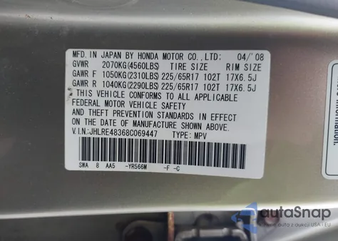 2008 Honda Cr-V Lx z USA, uszkodzony, nr VIN JHLRE48368C069447